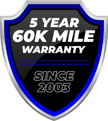 5-year warranty badge, 60k miles, since 2003.